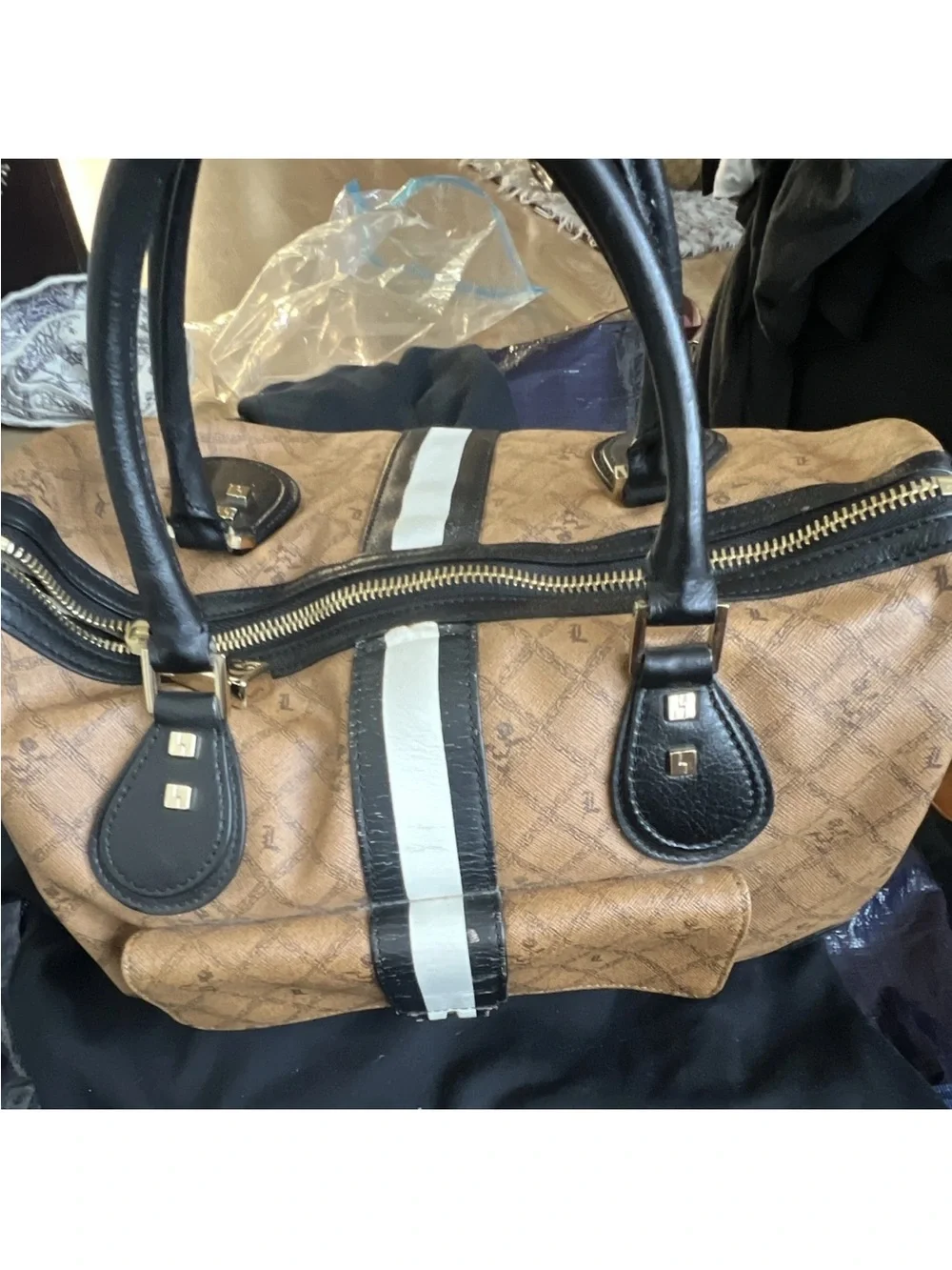 L.A.M.B. Brown Black Logo Stripe Satchel Top Handle Zip Buckle Gold Charm